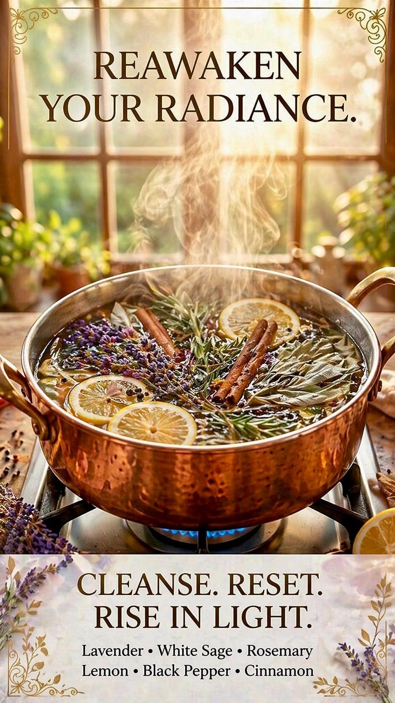 May include: A hammered copper pot on a gas stove filled with simmering water, lavender, white sage, rosemary, lemon slices, black peppercorns, and cinnamon sticks. Text reads: REAWAKEN YOUR RADIANCE. CLEANSE. RESET. RISE IN LIGHT. Lavender, White Sage, Rosemary, Lemon, Black Pepper, Cinnamon.