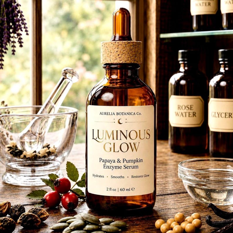 K&ouml;nnte beinhalten: Eine braune Glasflasche mit Aurelia Botanica Co. Luminous Glow Papaya & Pumpkin Enzym-Serum. Die Flasche hat einen Korken und eine Pipette. Das Etikett lautet "Hydratisiert, Gl&auml;ttet, Stellt Glanz wieder her" und "2 fl oz | 60 ml e".