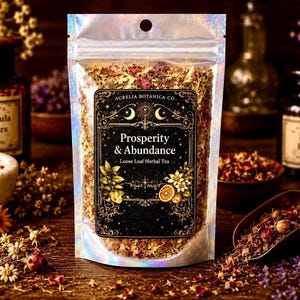 May include: A clear, iridescent stand-up pouch filled with loose leaf herbal tea. The label features a black rectangular design with gold celestial motifs, floral illustrations, and the text: Aurelia Botanica Co. Prosperity & Abundance Loose Leaf Herbal Tea.