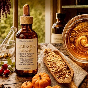 K&ouml;nnte beinhalten: Ein Stillleben mit einer braunen Glasflasche des Serums Luminous Glow von Aurelia Botanica Co. mit Papaya- und K&uuml;rbisenzymen. Das Bild zeigt K&uuml;rbisse, Papayast&uuml;cke und einen Holzsch&ouml;pfer mit getrockneten Zutaten. Der Text lautet: Glow begins with botanicals.