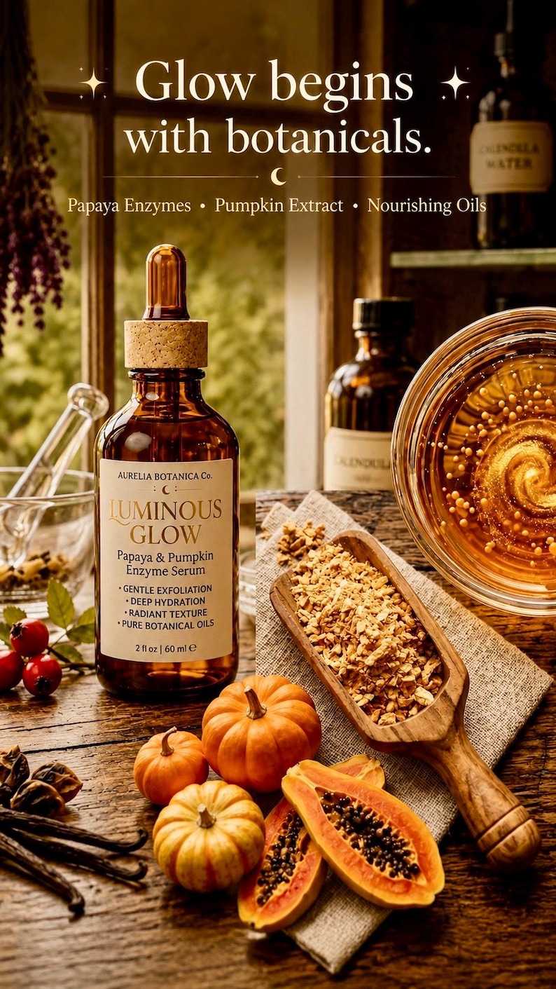 K&ouml;nnte beinhalten: Ein Stillleben mit einer braunen Glasflasche des Serums Luminous Glow von Aurelia Botanica Co. mit Papaya- und K&uuml;rbisenzymen. Das Bild zeigt K&uuml;rbisse, Papayast&uuml;cke und einen Holzsch&ouml;pfer mit getrockneten Zutaten. Der Text lautet: Glow begins with botanicals.