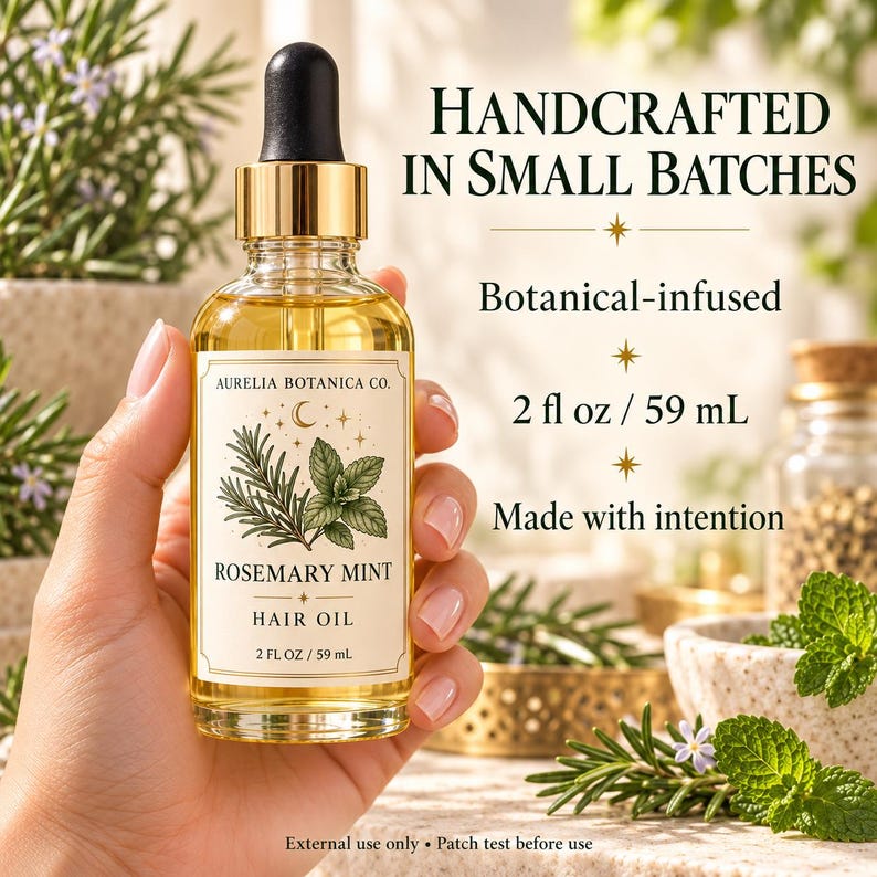 K&ouml;nnte beinhalten: Eine klare Glasflasche mit Rosemary Mint Haar&ouml;l, schwarzem Tropfverschluss und goldenem Kragen. Das Etikett zeigt botanische Illustrationen, den Text Aurelia Botanica Co., Rosemary Mint Hair Oil und 2 fl oz / 59 mL. Der Text lautet Handcrafted in small batches, Botanical-infused, 2 fl oz / 59 mL, Made with intention sowie External use only &bull; Patch test before use.