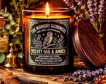 Velvet Oak and Amber Soy Wax Candle - 8oz Vintage Apothecary Jar