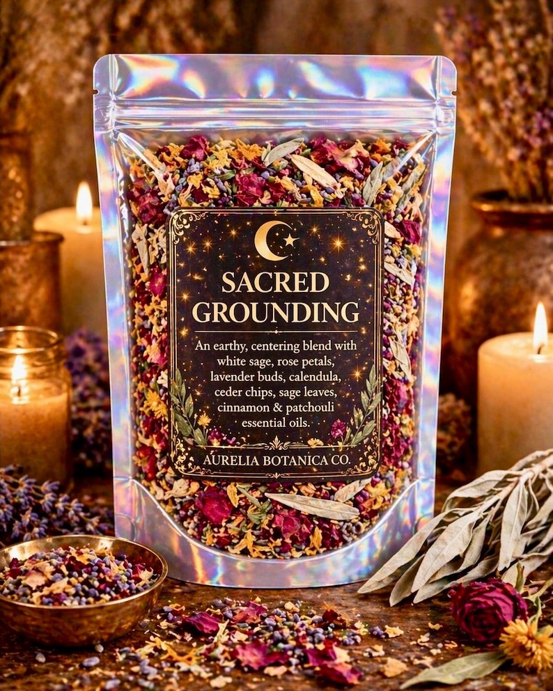 May include: A holographic pouch filled with a botanical blend of white sage, rose petals, lavender buds, calendula, cedar chips, and cinnamon. The label reads SACRED GROUNDING, An earthy, centering blend with white sage, rose petals, lavender buds, calendula, ceder chips, sage leaves, cinnamon & patchouli essential oils, AURELIA BOTANICA CO.