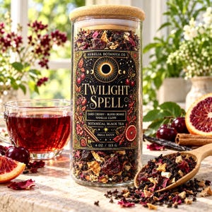 Peut inclure: Un bocal en verre transparent avec un couvercle en liège contenant du thé en vrac. L'étiquette indique Twilight Spell, Aurelia Botanica Co., Dark Cherry, Blood Orange, Vanilla Clove, Botanical Black Tea, Small Batch et 113 g.