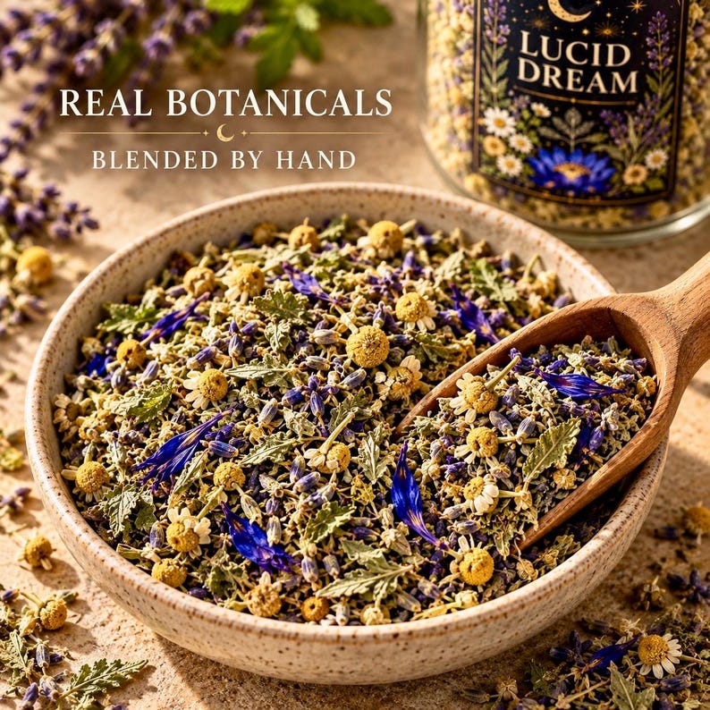 Peut inclure: Un bol en c&eacute;ramique rempli d'un m&eacute;lange de plantes s&eacute;ch&eacute;es compos&eacute; de fleurs de camomille jaunes, de boutons de lavande violets et de p&eacute;tales de bleuet bleus. Une pelle en bois repose dans le bol. Un bocal en verre LUCID DREAM est visible.
