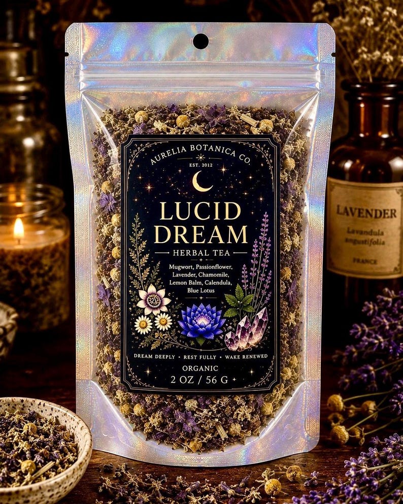 Peut inclure: Un sachet holographique de tisane Lucid Dream d'Aurelia Botanica Co. contenant 56 grammes d'herbes s&eacute;ch&eacute;es. L'&eacute;tiquette noire pr&eacute;sente un croissant de lune, des &eacute;toiles et des illustrations de fleurs et cristaux avec le texte Lucid Dream Herbal Tea.