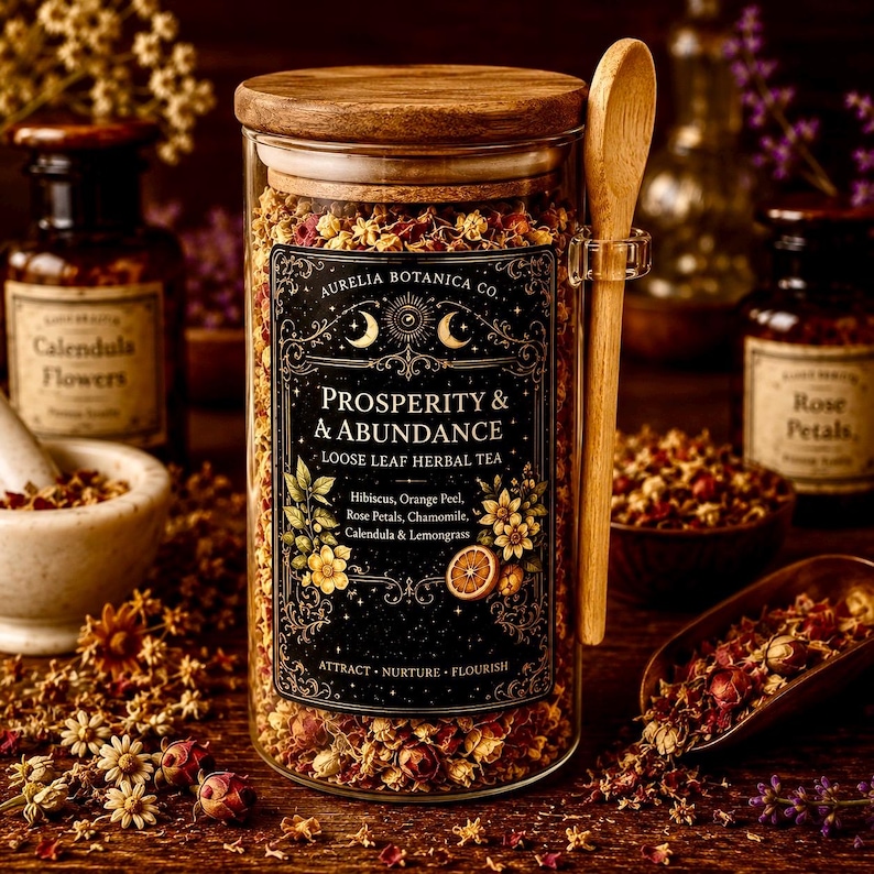Prosperity & Abundance Loose Leaf Herbal Tea | Organic Tulsi Rooibos Blend (Caffeine Free) Apothecary Jar