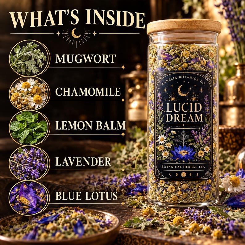 Peut inclure: Un bocal en verre transparent avec un couvercle en bambou contenant la tisane aux plantes Lucid Dream. L'&eacute;tiquette pr&eacute;sente un croissant de lune, des &eacute;toiles et des fleurs. Cinq encarts circulaires montrent armoise, camomille, m&eacute;lisse, lavande et lotus bleu.