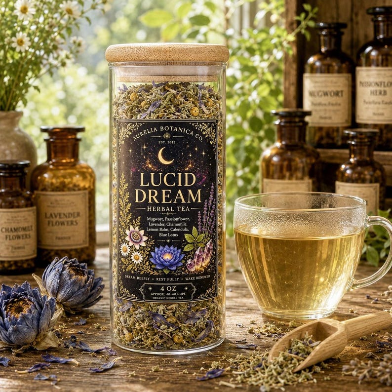 Peut inclure: Un bocal en verre transparent rempli de tisane, avec une &eacute;tiquette indiquant Lucid Dream Herbal Tea, Aurelia Botanica Co. et 4 oz. Le bocal poss&egrave;de un couvercle en bois et contient un m&eacute;lange d'herbes s&eacute;ch&eacute;es et de fleurs.