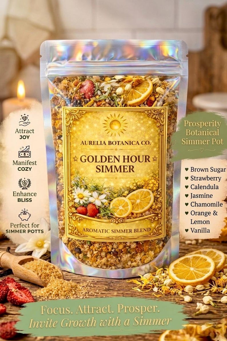 May include: A holographic pouch of Aurelia Botanica Co. Golden Hour Simmer aromatic simmer blend. The label features a sun icon and lists ingredients including brown sugar, strawberry, calendula, jasmine, chamomile, orange, lemon, and vanilla.