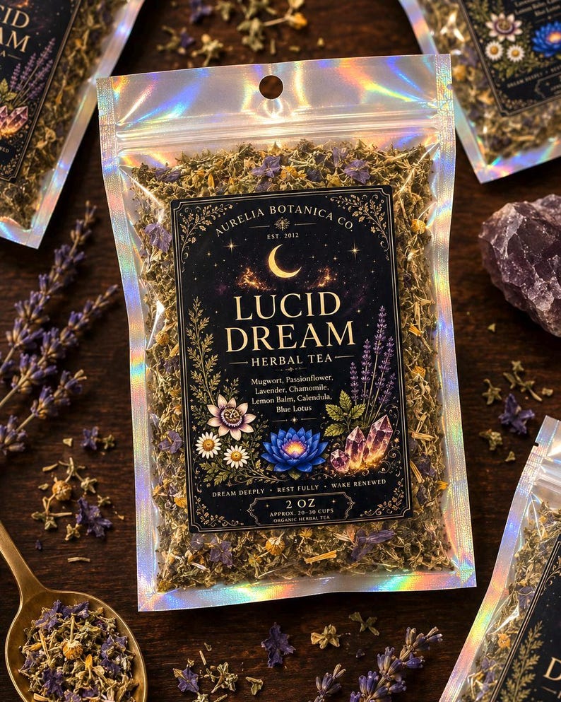 Peut inclure: Un sachet holographique de tisane Lucid Dream par Aurelia Botanica Co. L'&eacute;tiquette pr&eacute;sente un croissant de lune, des illustrations florales et des cristaux. Les ingr&eacute;dients incluent armoise, passiflore, lavande, camomille, m&eacute;lisse, souci et lotus bleu. Le sachet contient 2 oz de th&eacute; en vrac.