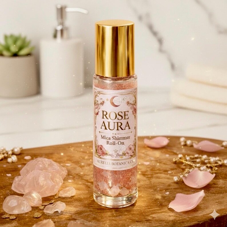 Rose Aura Shimmer Roll-On Perfume Oil – Crystal-Infused Mica Glow, Romantic Rose Botanical Fragrance imagen 5