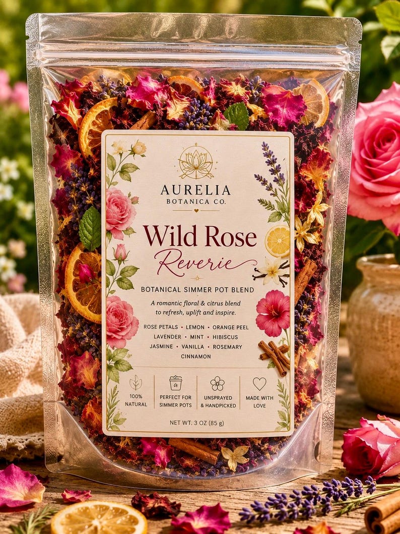 May include: A clear plastic pouch filled with a dried botanical simmer pot blend containing rose petals, orange slices, lavender, and cinnamon sticks. The label reads Aurelia Botanica Co. Wild Rose Reverie, listing ingredients and a net weight of 3 oz.