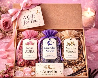 Trío de bolsitas aromáticas botánicas: Rosa Aura, Lavanda Luna, Bosque de Vainilla. Regalo para el autocuidado.