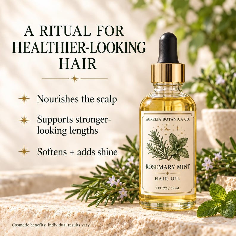 K&ouml;nnte beinhalten: Eine klare Glasflasche mit Aurelia Botanica Co. Rosemary Mint Haar&ouml;l, schwarzem Tropfverschluss und goldenem Ring. Das Etikett zeigt botanische Illustrationen und den Text: A RITUAL FOR HEALTHIER-LOOKING HAIR, 59 mL.