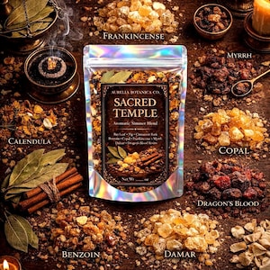 May include: An assortment of aromatic resins and herbs, including frankincense, myrrh, and calendula, arranged on a dark wooden surface. A central pouch displays the text "Sacred Temple" and "Aromatic Simmer Blend". The image is lit by candles, evoking a sense of ritual.