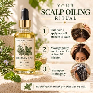 K&ouml;nnte beinhalten: Eine klare Glas-Pipettenflasche mit Aurelia Botanica Co. Rosemary Mint Haar&ouml;l, gekennzeichnet mit 59 ml. Das Etikett zeigt botanische Illustrationen und Text. Daneben erkl&auml;rt eine dreistufige Anleitung die Anwendung.