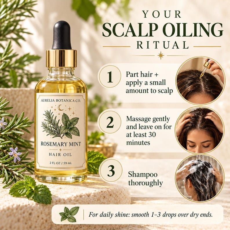 K&ouml;nnte beinhalten: Eine klare Glas-Pipettenflasche mit Aurelia Botanica Co. Rosemary Mint Haar&ouml;l, gekennzeichnet mit 59 ml. Das Etikett zeigt botanische Illustrationen und Text. Daneben erkl&auml;rt eine dreistufige Anleitung die Anwendung.