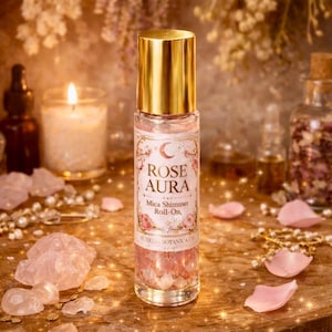 Rose Aura Shimmer Roll-On Perfume Oil – Crystal-Infused Mica Glow, Romantic Rose Botanical Fragrance imagen 1