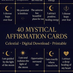 Mystische Affirmationskarten - 5 Seiten Himmlische Selbstliebe ausdruckbar | Mond Ritual Digitaler Download | Spirituelle Manifestation Karten
