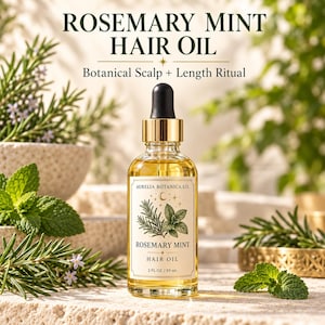 K&ouml;nnte beinhalten: Eine klare Glasflasche mit Rosemary Mint Haar&ouml;l, ausgestattet mit einem goldenen Verschluss und einer schwarzen Pipette. Das Etikett zeigt den Text Aurelia Botanica Co., Rosemary Mint Hair Oil und 2 FL OZ / 59 mL sowie botanische Zeichnungen.