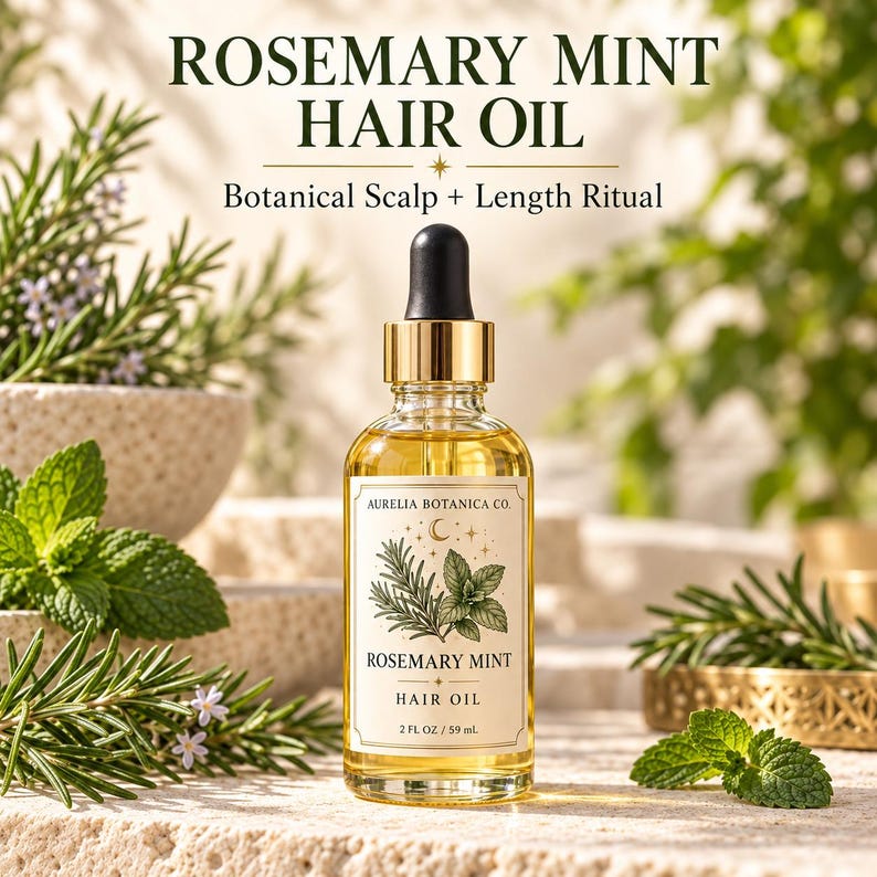K&ouml;nnte beinhalten: Eine klare Glasflasche mit Rosemary Mint Haar&ouml;l, ausgestattet mit einem goldenen Verschluss und einer schwarzen Pipette. Das Etikett zeigt den Text Aurelia Botanica Co., Rosemary Mint Hair Oil und 2 FL OZ / 59 mL sowie botanische Zeichnungen.
