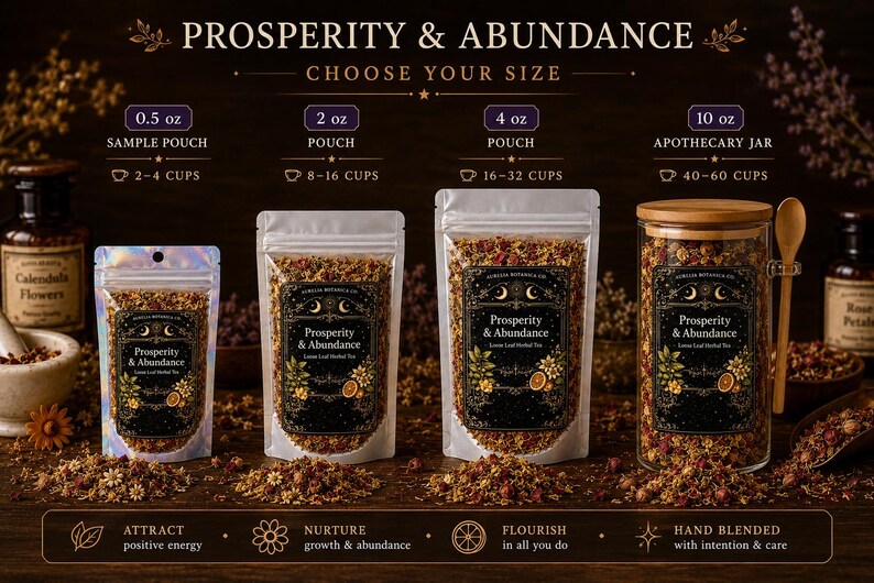 May include: Four Prosperity & Abundance loose leaf herbal tea containers: a 14g sample pouch, a 57g pouch, a 113g pouch, and a 283g apothecary jar with a wooden spoon. Each features a black label with gold celestial and botanical illustrations.