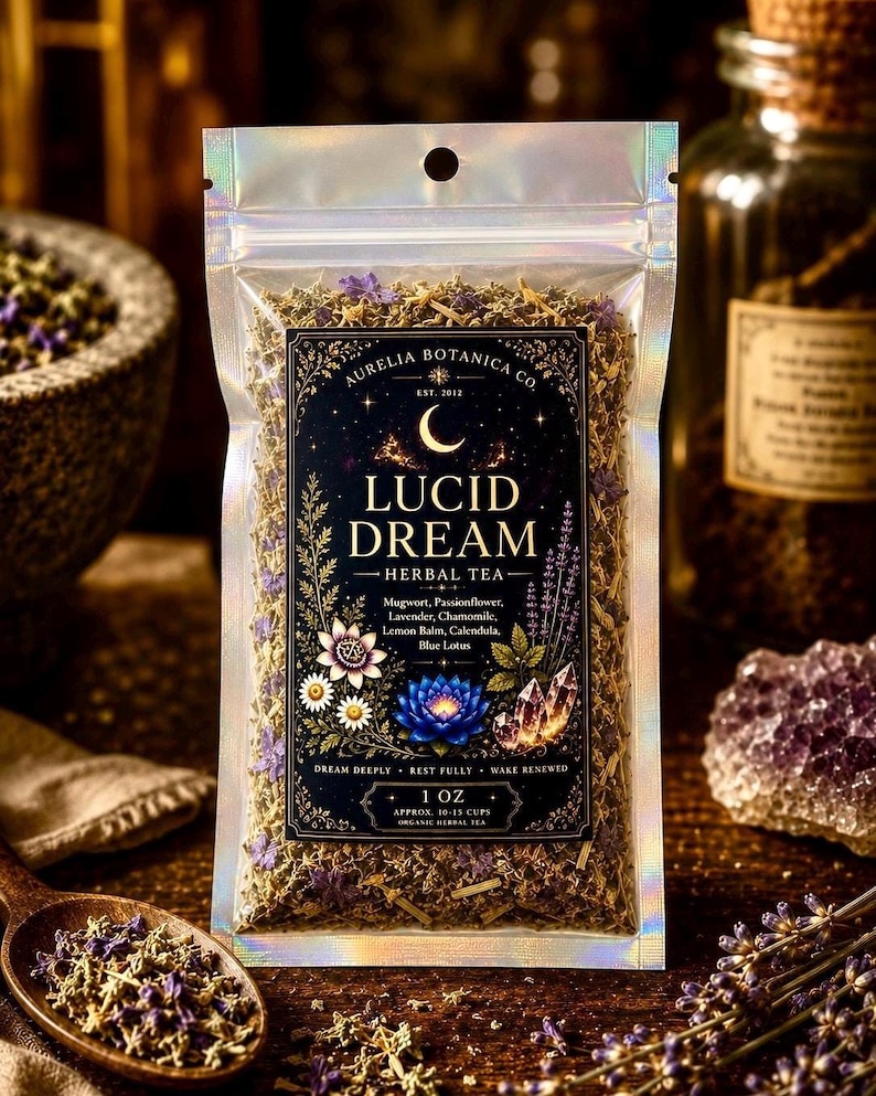 Peut inclure: Un sachet holographique de tisane Lucid Dream d'Aurelia Botanica Co. L'&eacute;tiquette noire pr&eacute;sente un croissant de lune, des illustrations florales et le texte : Mugwort, Passionflower, Lavender, Chamomile, Lemon Balm, Calendula, Blue Lotus, 1 oz.