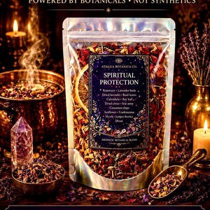 May include: A clear bag filled with a blend of dried botanicals, labeled "Spiritual Protection." The bag includes ingredients like rosemary, lavender buds, and dried citrus. The image also features a crystal, a small bowl of botanicals, and a scoop.
