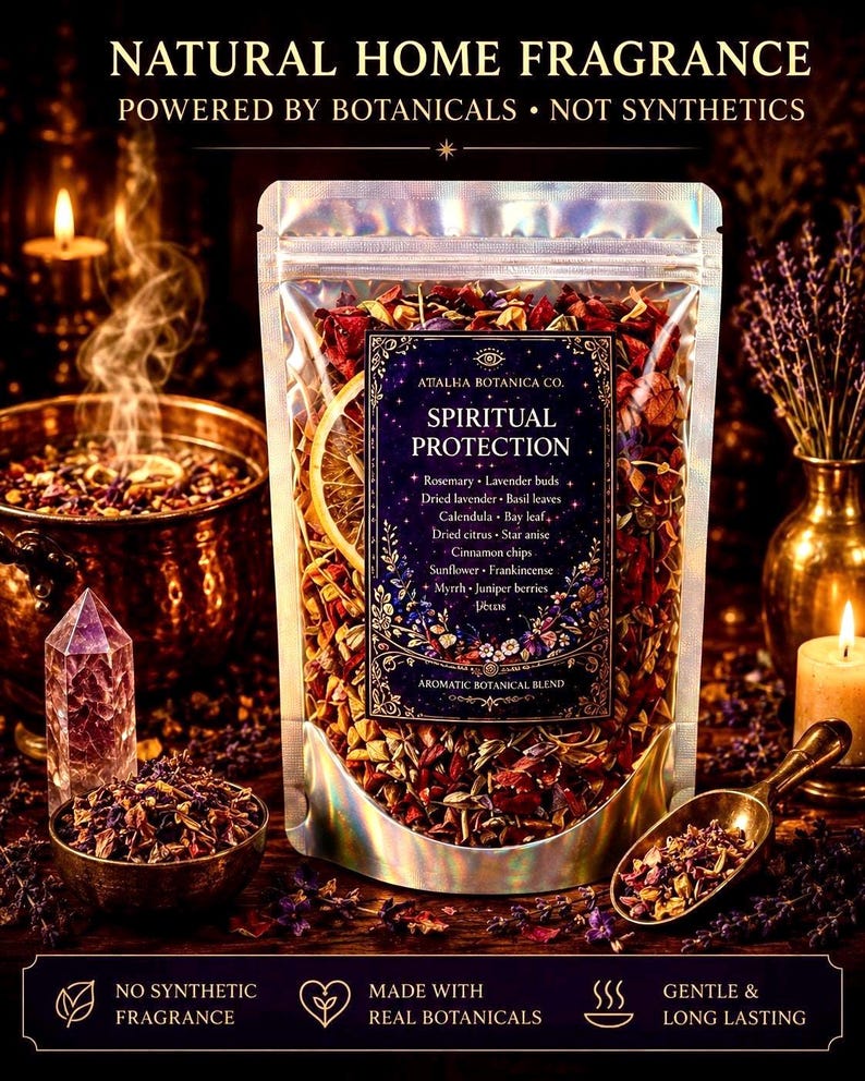 May include: A clear, holographic pouch filled with a dried botanical blend labeled Spiritual Protection by Attalka Botanica Co. The label lists ingredients including rosemary, lavender, basil, calendula, bay leaf, citrus, star anise, and cinnamon.