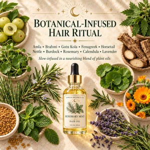 K&ouml;nnte beinhalten: Eine Glasflasche mit Rosemary Mint Haar&ouml;l von Aurelia Botanica Co. mit Tropfverschluss, beschriftet mit 2 fl oz / 59 ml. Die Flasche ist umgeben von Schalen mit frischen Pflanzen wie Amla, Brahmi, Gotu Kola, Bockshornklee, Schachtelhalm, Brennnessel, Klette, Rosmarin, Ringelblume und Lavendel.