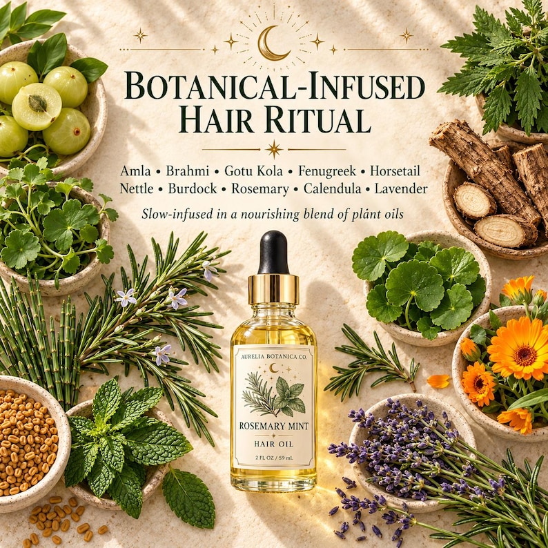 K&ouml;nnte beinhalten: Eine Glasflasche mit Rosemary Mint Haar&ouml;l von Aurelia Botanica Co. mit Tropfverschluss, beschriftet mit 2 fl oz / 59 ml. Die Flasche ist umgeben von Schalen mit frischen Pflanzen wie Amla, Brahmi, Gotu Kola, Bockshornklee, Schachtelhalm, Brennnessel, Klette, Rosmarin, Ringelblume und Lavendel.