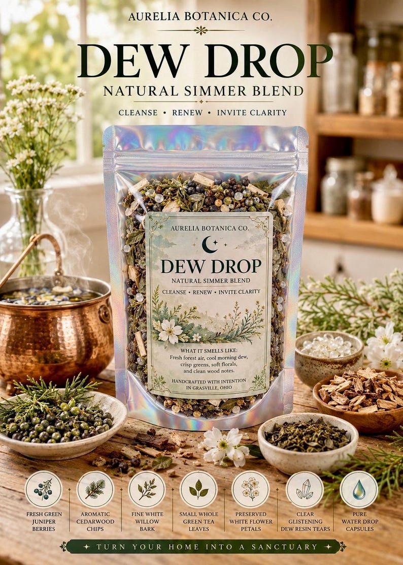 May include: A holographic pouch of Aurelia Botanica Co. Dew Drop natural simmer blend. The label features a crescent moon, floral illustrations, and text describing the scent. Below are seven circular icons detailing ingredients like juniper berries, cedarwood chips, willow bark, green tea leaves, white flower petals, resin tears, and water drop capsules.