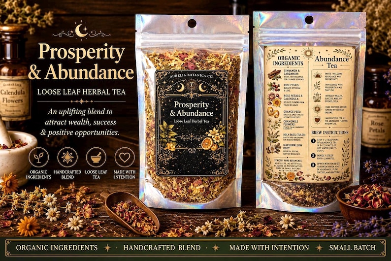 May include: Two clear, holographic-finish pouches of Aurelia Botanica Co. Prosperity & Abundance loose leaf herbal tea. The front label features celestial graphics and text, while the back label lists organic ingredients and brew instructions.