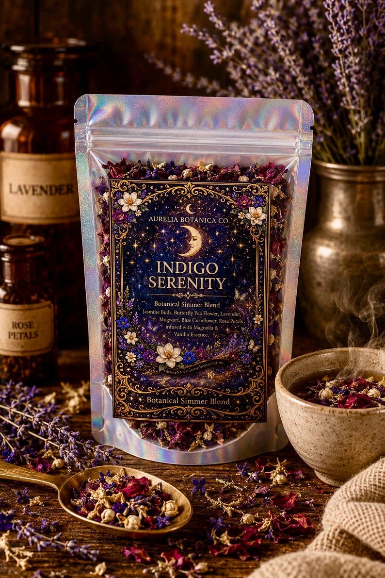 May include: A holographic pouch containing Indigo Serenity botanical simmer blend, featuring jasmine buds, butterfly pea flower, lavender, mugwort, blue cornflower, and rose petals. The label displays a crescent moon and floral illustrations.
