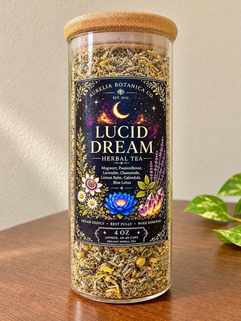 Peut inclure: Un bocal en verre transparent rempli de tisane en vrac, surmont&eacute; d'un couvercle en bambou. L'&eacute;tiquette indique Aurelia Botanica Co. Lucid Dream Herbal Tea, avec des ingr&eacute;dients comme l'armoise, la lavande et le lotus bleu, poids 113 grammes.