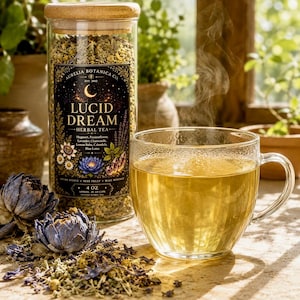 Peut inclure: Un bocal en verre transparent avec un couvercle en bois contenant une tisane, &eacute;tiquet&eacute; Aurelia Botanica Co. Lucid Dream, avec une &eacute;tiquette noire orn&eacute;e d'un croissant de lune, de fleurs et de texte. Une tasse en verre contient du th&eacute; dor&eacute; fumant.