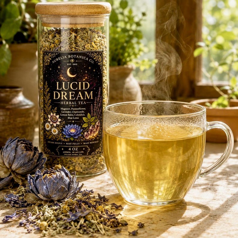 Peut inclure: Un bocal en verre transparent avec un couvercle en bois contenant une tisane, &eacute;tiquet&eacute; Aurelia Botanica Co. Lucid Dream, avec une &eacute;tiquette noire orn&eacute;e d'un croissant de lune, de fleurs et de texte. Une tasse en verre contient du th&eacute; dor&eacute; fumant.
