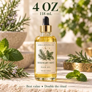 K&ouml;nnte beinhalten: Eine klare Glasflasche mit Rosemary Mint Haar&ouml;l, ausgestattet mit einer schwarzen Pipette und einem goldenen Verschluss. Das Etikett zeigt Aurelia Botanica Co., Rosemary Mint Hair Oil, 118 ml, sowie botanische Zeichnungen von Rosmarin und Minze.