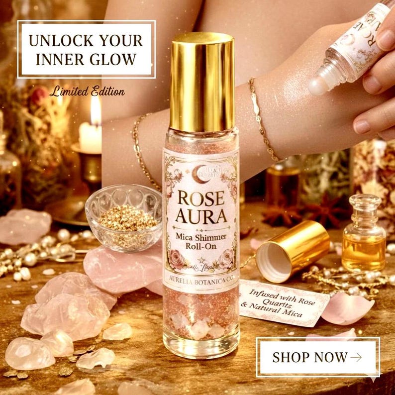 Rose Aura Shimmer Roll-On Perfume Oil – Crystal-Infused Mica Glow, Romantic Rose Botanical Fragrance imagen 3