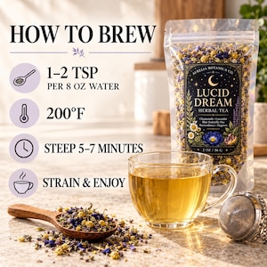 Peut inclure: Un sachet transparent de tisane Lucid Dream d'Aurelia Botanica Co. contenant camomille, lavande, pois bleu, passiflore et armoise. Comprend des instructions d'infusion pour 1-2 c. &agrave; th&eacute; par 237 ml d'eau &agrave; 93&deg;C, infus&eacute; pendant 5-7 minutes.