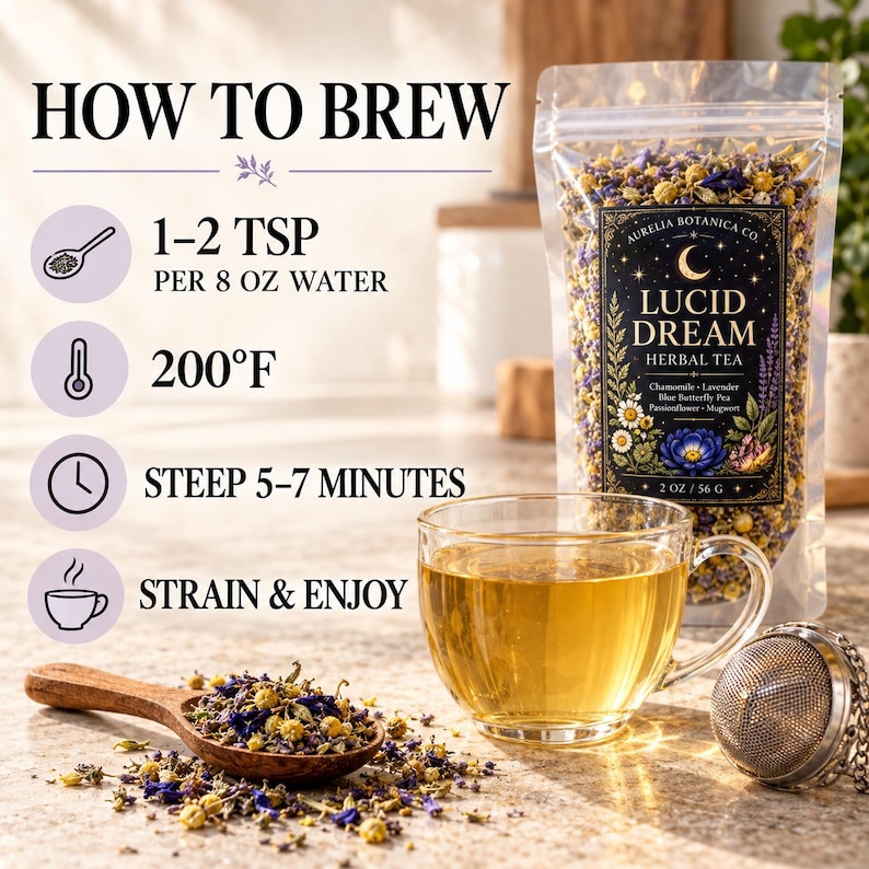Peut inclure: Un sachet transparent de tisane Lucid Dream d'Aurelia Botanica Co. contenant camomille, lavande, pois bleu, passiflore et armoise. Comprend des instructions d'infusion pour 1-2 c. &agrave; th&eacute; par 237 ml d'eau &agrave; 93&deg;C, infus&eacute; pendant 5-7 minutes.