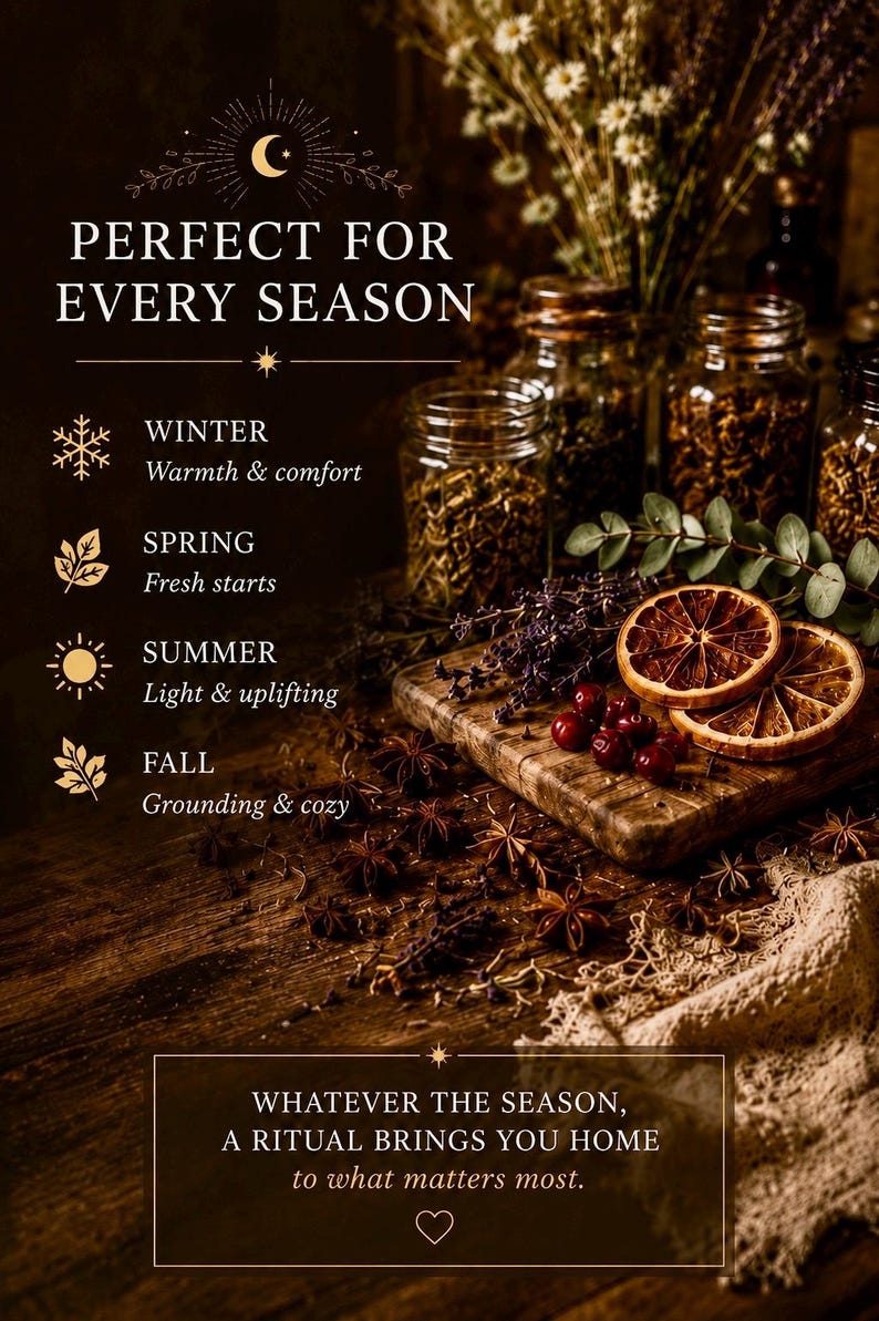 May include: A dark wooden surface displays glass jars filled with dried botanicals, star anise, dried orange slices, and red berries. Text reads: PERFECT FOR EVERY SEASON, WINTER Warmth & comfort, SPRING Fresh starts, SUMMER Light & uplifting, FALL Grounding & cozy, WHATEVER THE SEASON, A RITUAL BRINGS YOU HOME to what matters most.