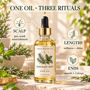 K&ouml;nnte beinhalten: Eine klare Glasflasche mit Aurelia Botanica Co. Rosemary Mint Haar&ouml;l und schwarzem Tropfverschluss. Das Etikett zeigt botanische Illustrationen und den Text: ONE OIL THREE RITUALS, SCALP pre-wash nourishment, LENGTHS softness + shine, ENDS smooth 1-3 drops, 59 mL.