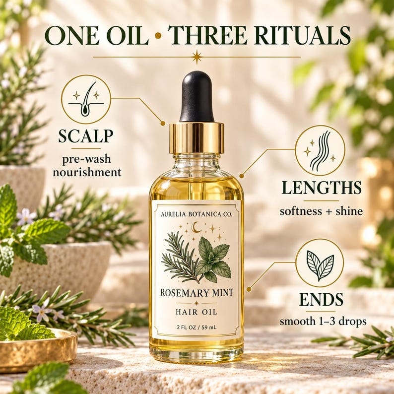 K&ouml;nnte beinhalten: Eine klare Glasflasche mit Aurelia Botanica Co. Rosemary Mint Haar&ouml;l und schwarzem Tropfverschluss. Das Etikett zeigt botanische Illustrationen und den Text: ONE OIL THREE RITUALS, SCALP pre-wash nourishment, LENGTHS softness + shine, ENDS smooth 1-3 drops, 59 mL.