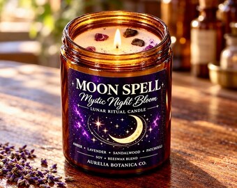Moon Spell Ritual Candle | Purple Lunar Candle with Amethyst & Obsidian | Witchy Gift | Celestial Decor