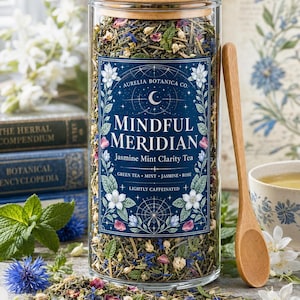May include: A clear glass jar with a bamboo lid filled with loose leaf tea, featuring a blue label that reads "Aurelia Botanica Co. Mindful Meridian Jasmine Mint Clarity Tea". The blend contains green tea, mint, jasmine, and rose petals.