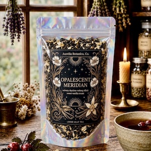 May include: A holographic stand-up pouch filled with loose leaf tea. The black label features the text Aurelia Botanica. Co., OPALESCENT MERIDIAN, velvety daytime oolong elixir, sweet vanilla cream, and LOOSE LEAF TEA with floral illustrations.