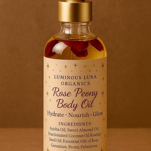 Rose Peony Body Oil: Organic Aromatherapy Moisturizer with Dried Rose